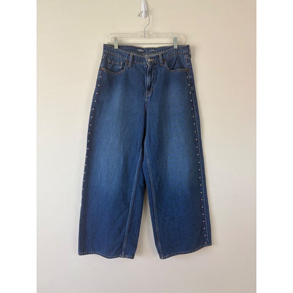 Old Navy Drapey Studded Denim High-Rise Baggy Wide Leg Studded Jeans Blue Sz 12